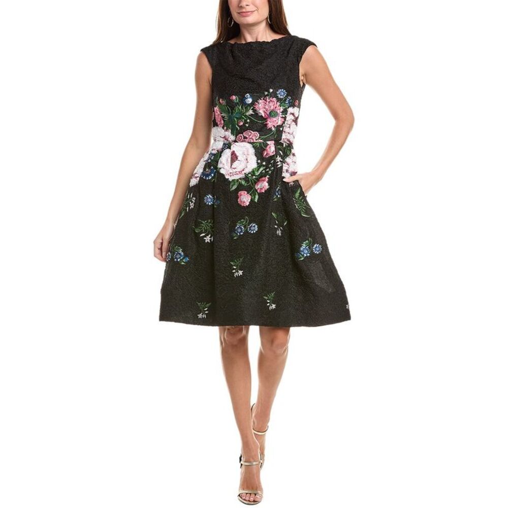 Oscar De La Renta Womens Botanical Jacquard Silk-Lined Cocktail Dress, Black